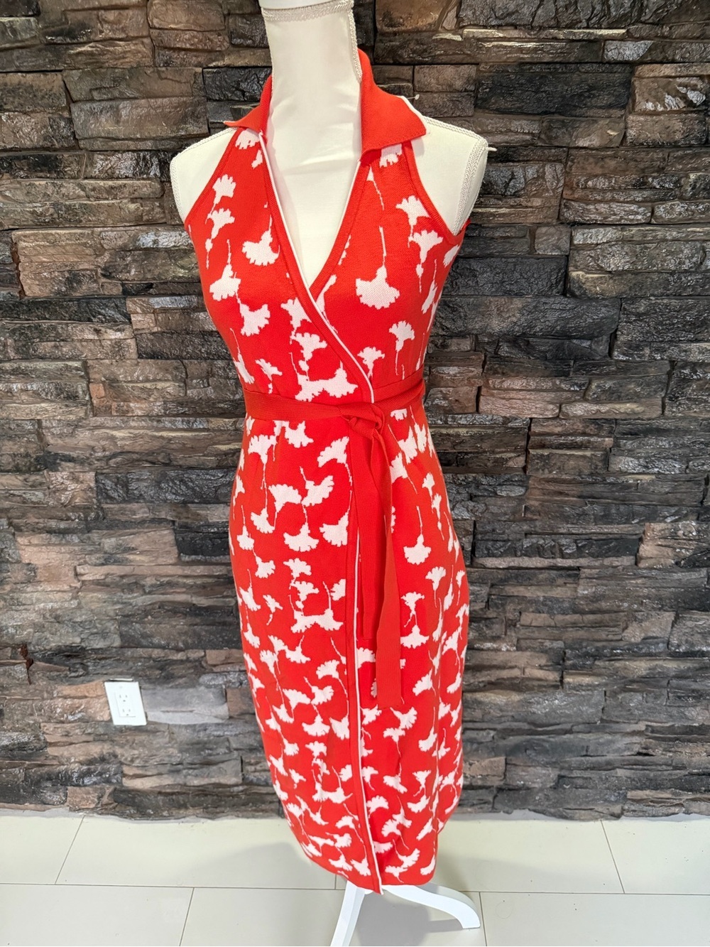 Diane Von Furstenberg Red Halter Midi Dress with White Floral Print